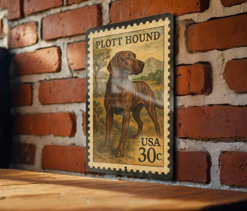 A vintage-style stamp depicting a hound dog, likely a Plot Hound, is displayed on a brick wall.
