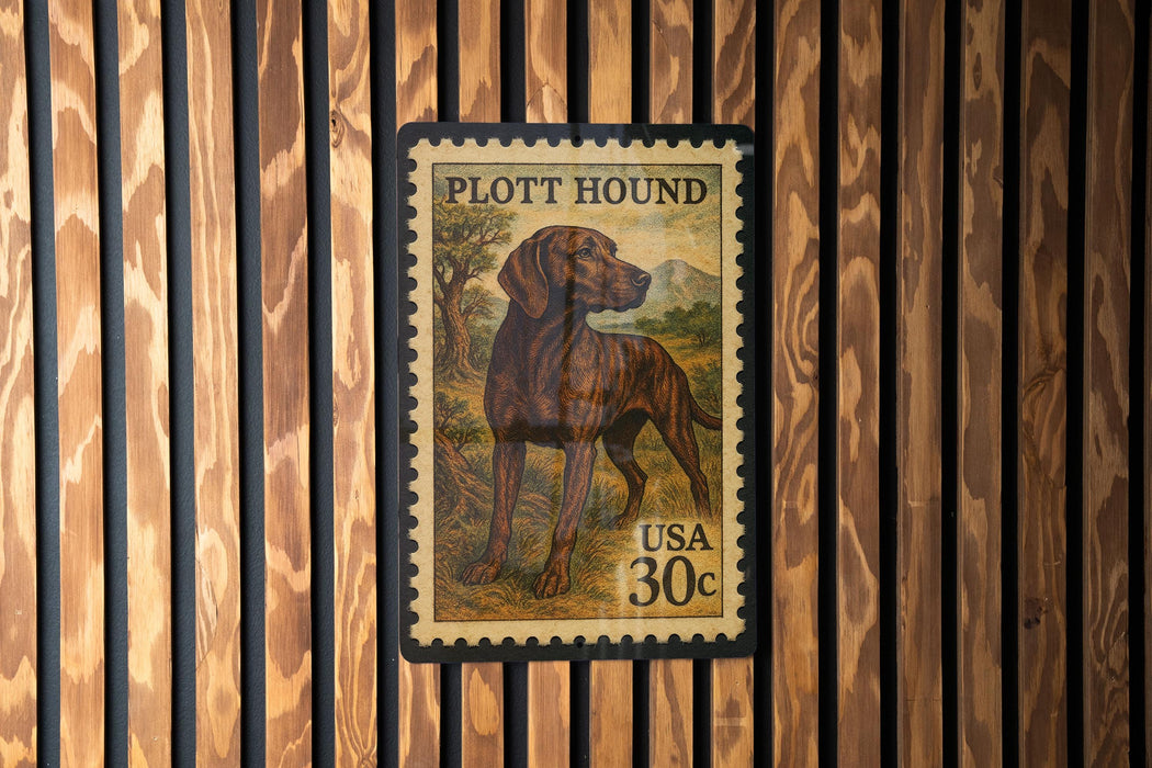 A postage stamp featuring a depiction of a hound dog, with the text "PLOTT HOUND" and "USA 30c" printed on it.