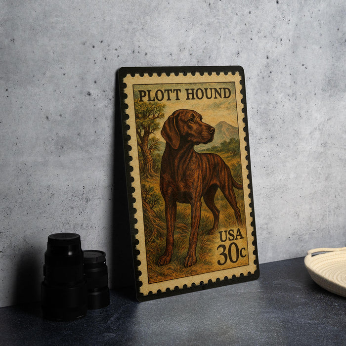 A postage stamp featuring a depiction of a hound dog, with the text "PLOTT HOUND" and "USA 30¢" printed on it.