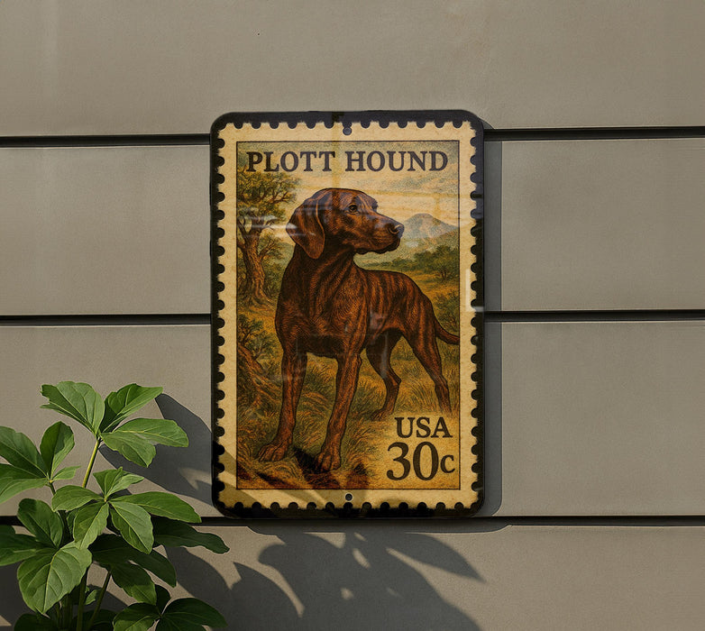 A postage stamp featuring a hound dog, with the text "PLOTT HOUND" and "USA 30c" printed on it.