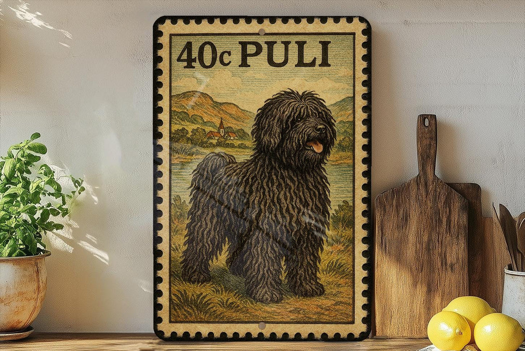 a framed illustration of a Puli dog, a breed of dog with a shaggy coat, standing in a rural landscape.