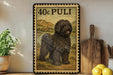 a framed illustration of a Puli dog, a breed of dog with a shaggy coat, standing in a rural landscape.