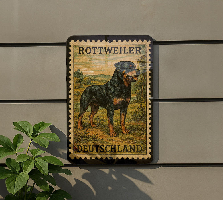 A metal sign featuring a rottweiler dog in a field, with the text "ROTTWEILER DEUTSCHLAND" printed on it.