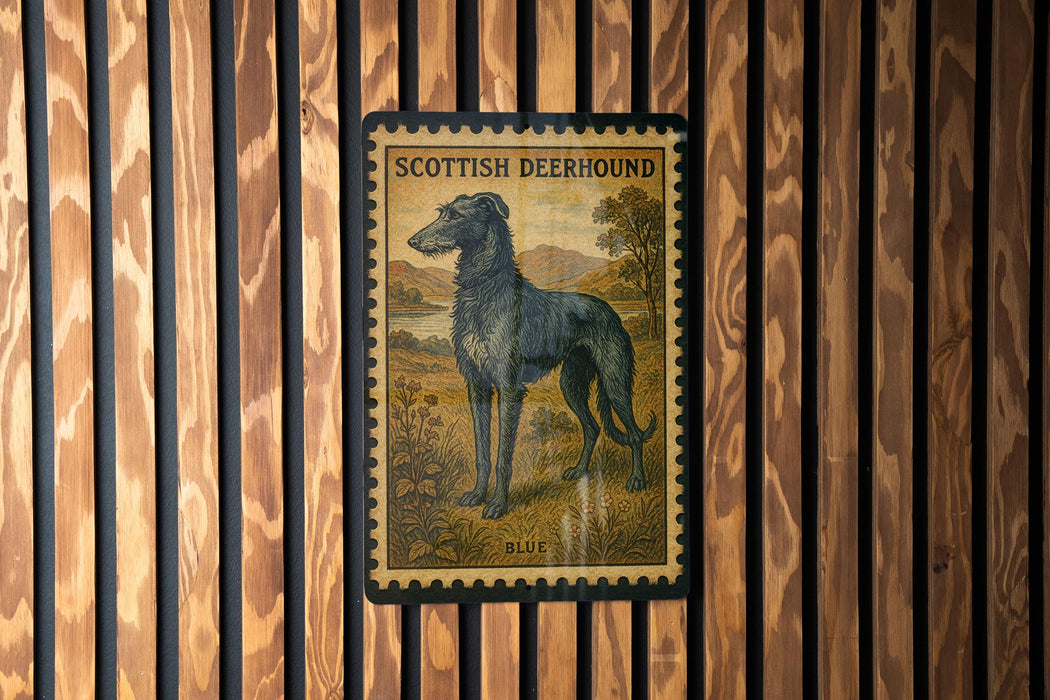 A framed image of a Scottish deerhound dog, with the text "SCOTTISH DEERHOUND" and "BLUE" printed on it, is displayed on a wooden wall.
