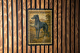 A framed image of a Scottish deerhound dog, with the text "SCOTTISH DEERHOUND" and "BLUE" printed on it, is displayed on a wooden wall.