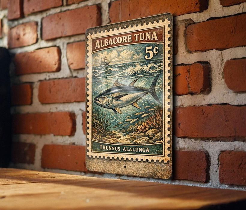 A vintage-style postage stamp featuring a fish, likely a tuna, is displayed on a brick wall.