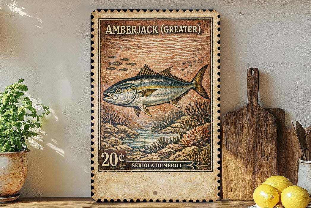 a framed stamp-like artwork depicting a fish, with a wooden cutting board and a potted plant in the background.