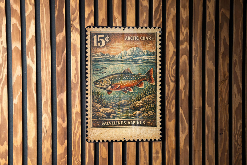 A 15 cent postage stamp from the Arctic Char, featuring a colorful illustration of a fish swimming in a river surrounded by rocks and vegetation.
