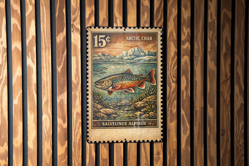 A 15 cent postage stamp from the Arctic Char, featuring a colorful illustration of a fish swimming in a river surrounded by rocks and vegetation.