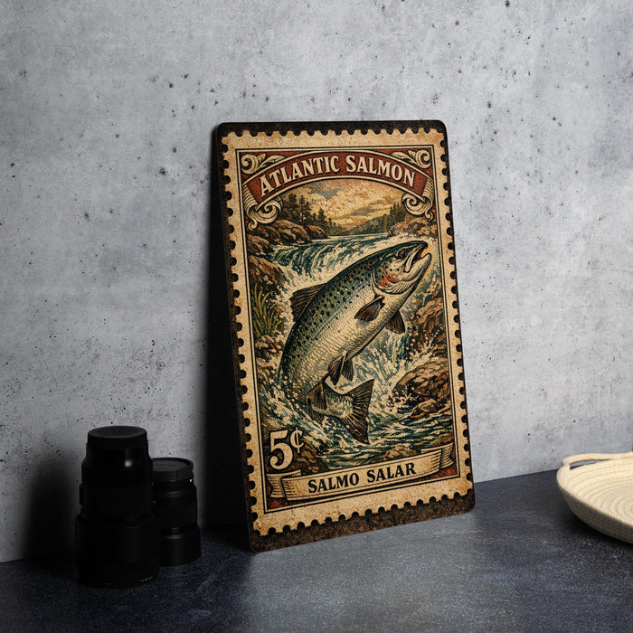 A metal sign with an illustration of a salmon jumping out of the water, surrounded by a river and mountains, is displayed on a table.