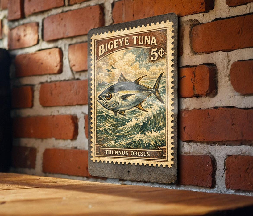 A vintage-style postage stamp featuring a large fish, likely a tuna, against a brick wall background.