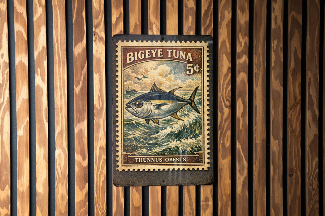A vintage postage stamp featuring a fish, likely a tuna, with the text "BIYEYE TUNA 5¢" and "THUNNUS OBSUS" printed on it. The stamp is displayed on a wooden wall.