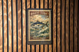 A vintage postage stamp featuring a fish, likely a tuna, with the text "BIYEYE TUNA 5¢" and "THUNNUS OBSUS" printed on it. The stamp is displayed on a wooden wall.