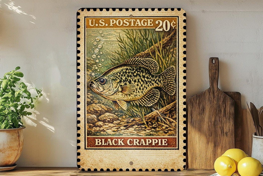 A framed U.S. postage stamp depicting a black crappie fish, placed on a wooden surface next to a wooden cutting board and a potted plant.