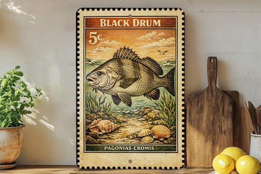 a vintage-style stamp depicting a fish, with the text "BLACK DRUM" and "PAGONIAS CROMIS" printed on it. The stamp is placed on a shelf next to a wooden cutting board and a potted plant.