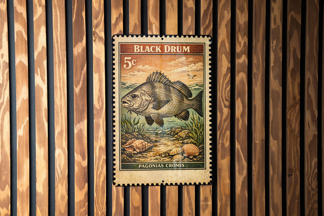 A 5c postage stamp from Pagonia, featuring a fish illustration, is displayed on a wooden wall.