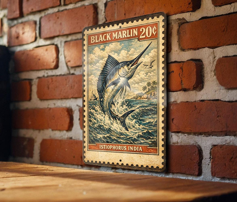 A vintage-style metal sign with a black marlin fish illustration and text, mounted on a brick wall.