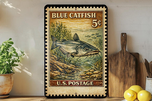 A vintage-style postage stamp featuring a blue catfish, with the text "BLUE CATFISH 5¢" and "U.S. POSTAGE" printed on it. The stamp is displayed on a shelf next to a wooden cutting board and a potted plant.