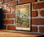 A vintage-style postage stamp featuring a blue catfish, mounted on a brick wall.