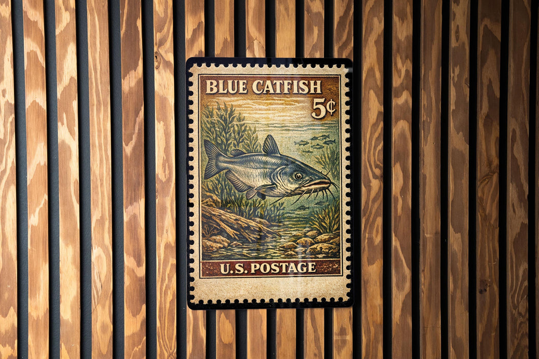 A U.S. postage stamp featuring a blue catfish, with the text "BLUE CATFISH 5¢" and "U.S. POSTAGE" printed on it.