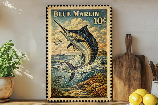 A framed vintage postage stamp depicting a blue marlin fish leaping out of the water, with a price of 10 cents.