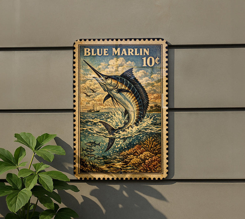 A vintage-style postage stamp featuring a blue marlin fish, with the text "BLUE MARLIN 10¢" printed on it.