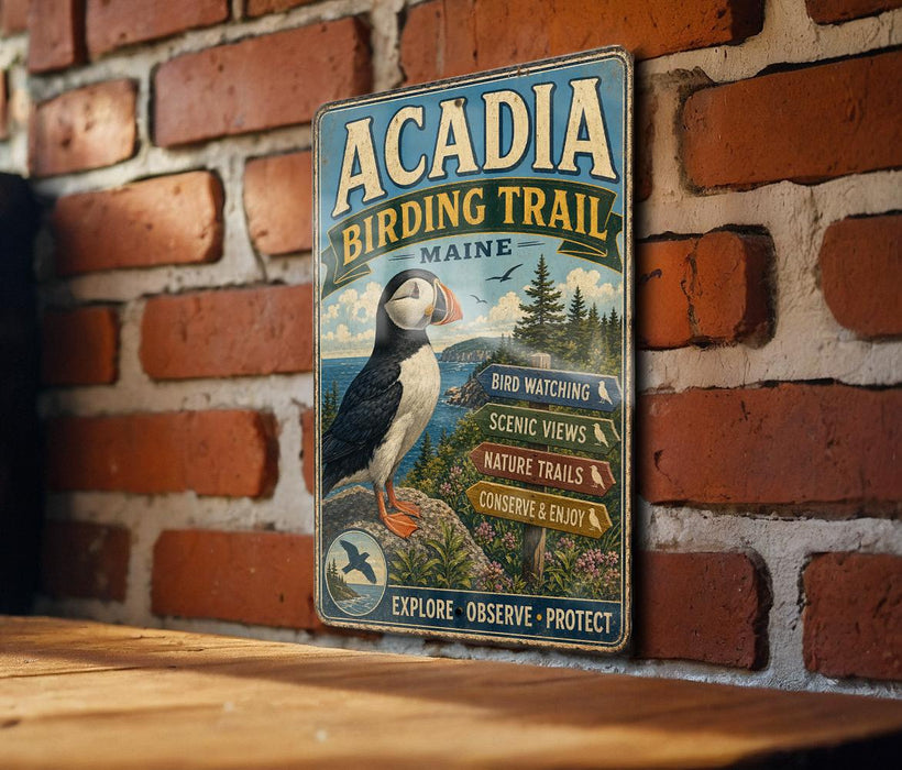 A vintage metal sign for the Acadia Birding Trail in Maine, featuring a puffin bird and various trail information.