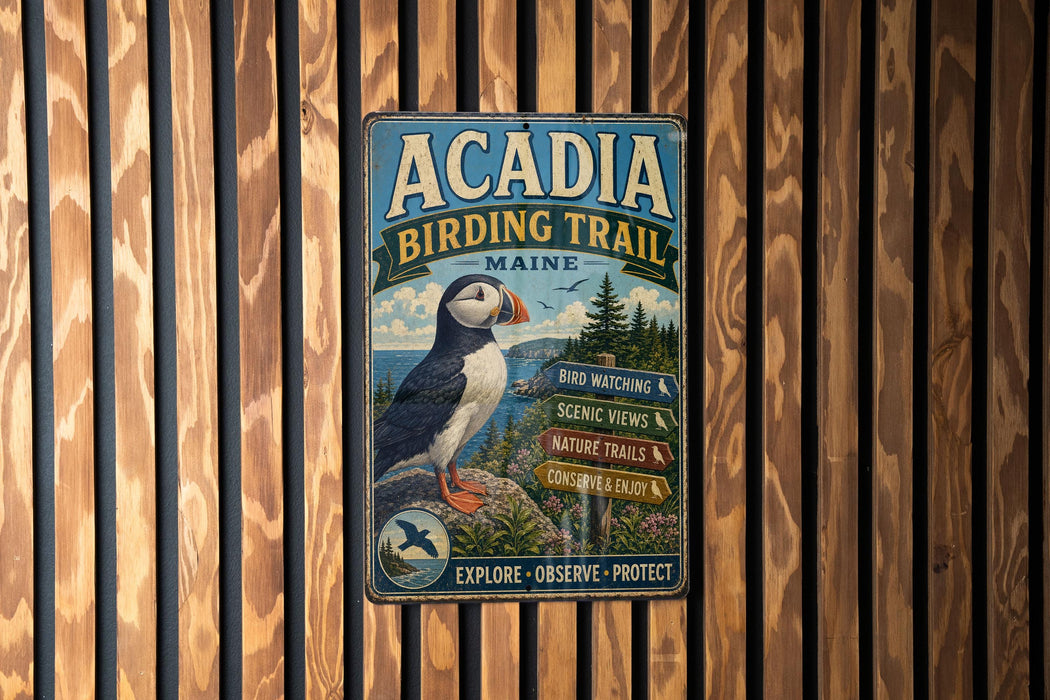 A metal sign for the Acadia Birding Trail in Maine, featuring a puffin bird and text promoting bird watching, scenic views, nature trails, and conservation.