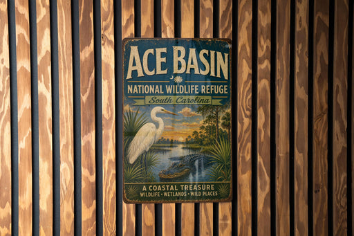 A vintage metal sign for Ace Basin National Wildlife Refuge in South Carolina, featuring an illustration of a white egret and a crocodile in a tropical setting.