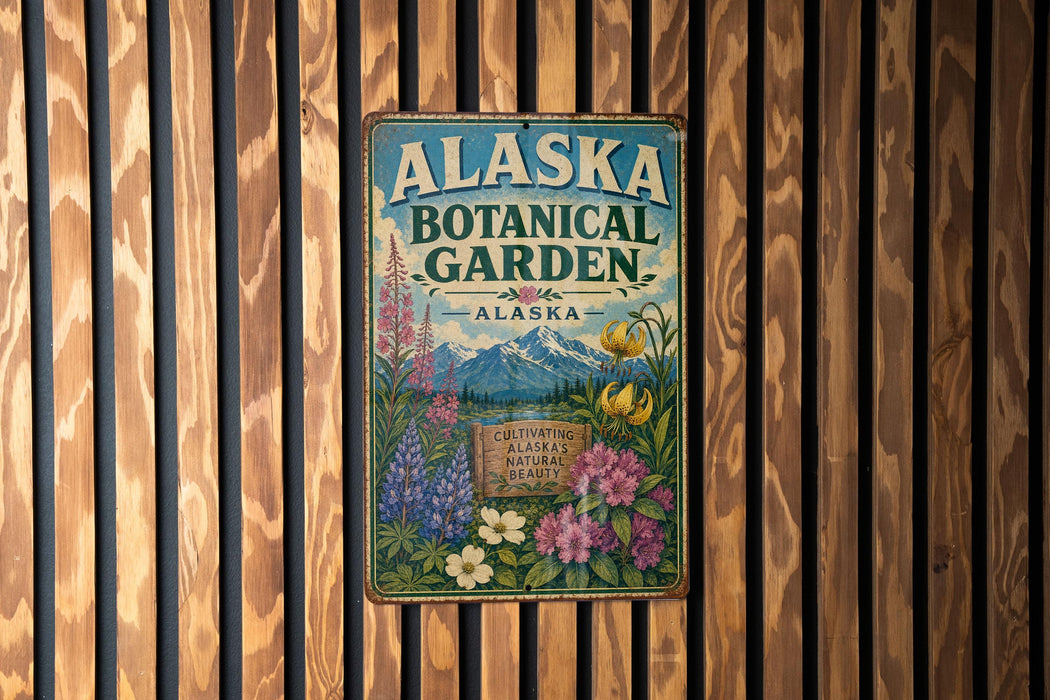 A vintage-style metal sign for the Alaska Botanical Garden, featuring colorful illustrations of flowers and plants.
