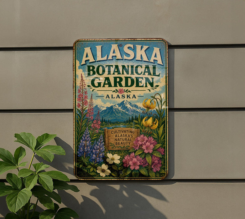 A metal sign with a colorful illustration of flowers and plants, mounted on a wall next to a plant.