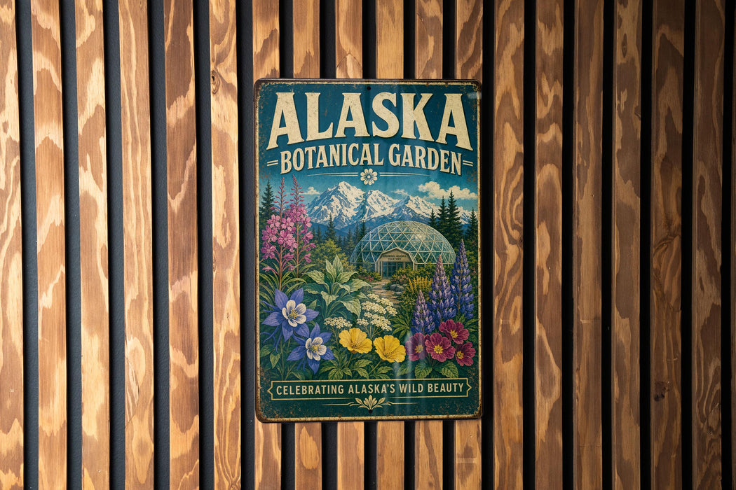 A vintage-style metal sign for the Alaska Botanical Garden, featuring a colorful illustration of various plants and flowers.