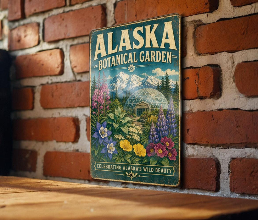 A vintage-style metal sign for the Alaska Botanical Garden, featuring a colorful illustration of various plants and flowers.