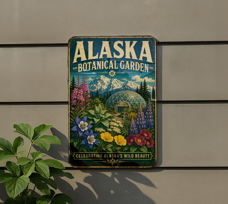 A vintage-style sign for the Alaska Botanical Garden, featuring a colorful illustration of various flowers and plants.