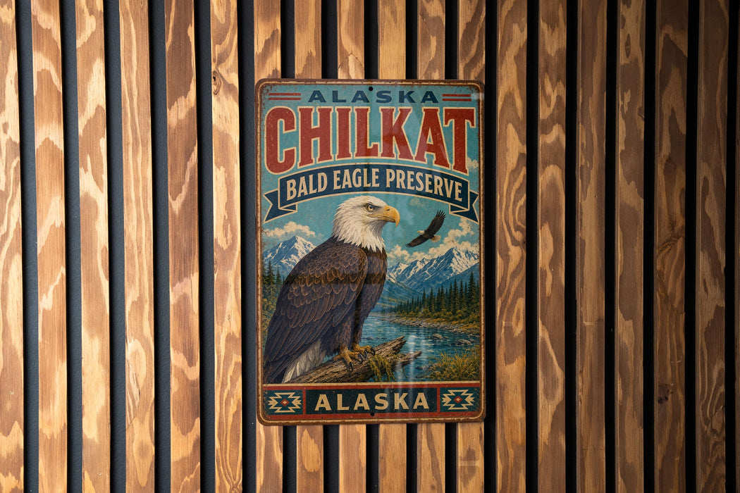 A metal sign with a bald eagle perched on a tree branch, set against a wooden background.