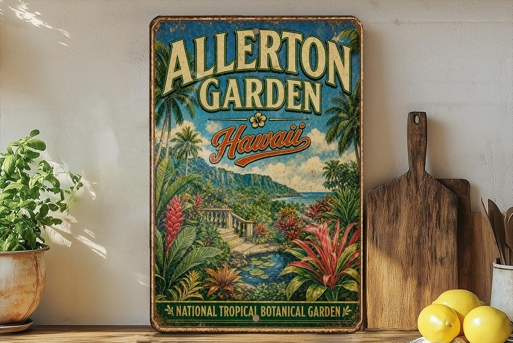 A vintage-style metal sign for Allerton Garden in Hawaii, featuring a tropical landscape with palm trees, flowers, and a path leading to a waterfall.