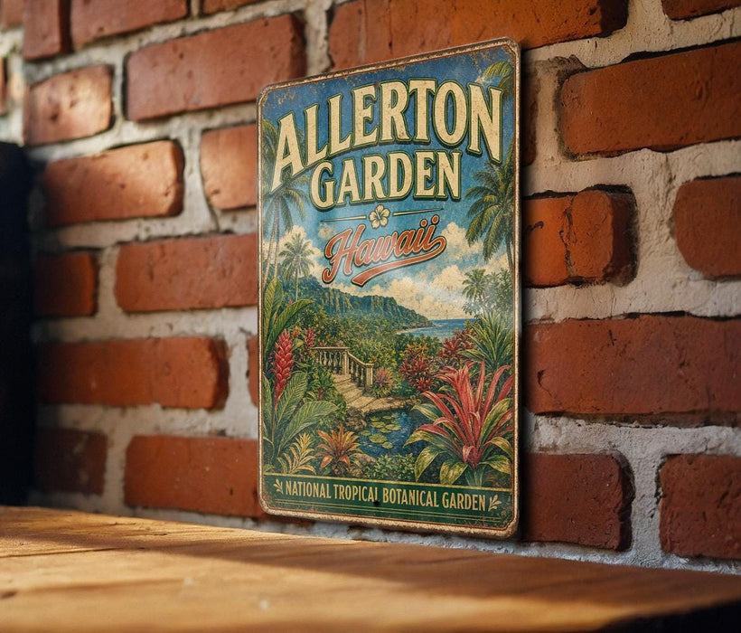 A vintage metal sign with the text "ALLERTON GARDEN Hawaii" and an illustration of a tropical garden is displayed on a brick wall.