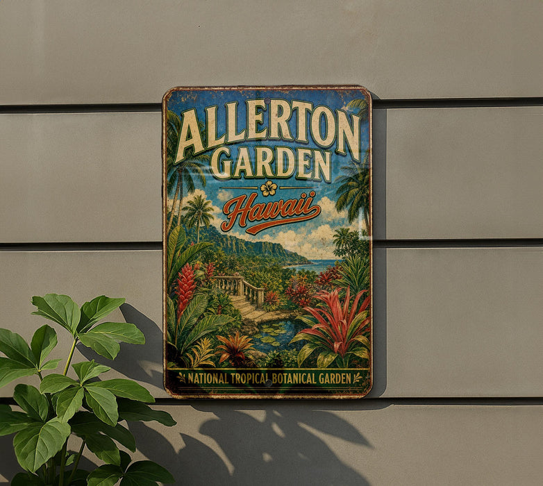 A vintage metal sign for Allerton Garden in Hawaii, featuring a tropical landscape with palm trees, flowers, and a mountain backdrop.