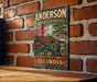 A vintage-style sign for Anderson Japanese Gardens in Illinois, featuring a scenic illustration of a Japanese garden with a bridge and trees.