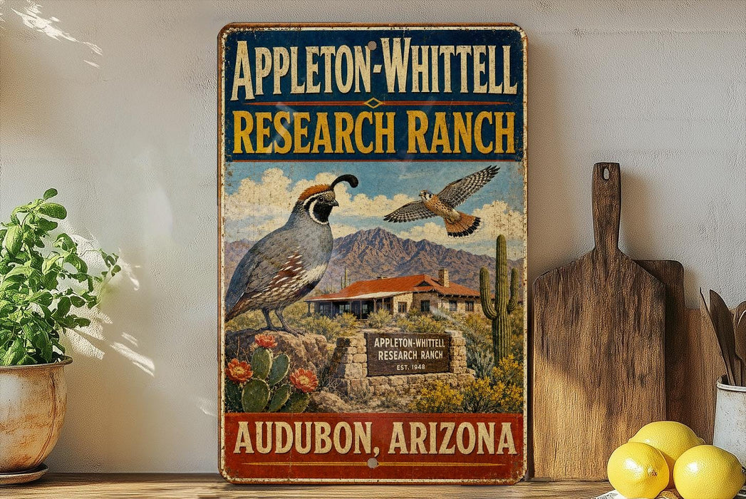 A vintage metal sign for Appleton-Whittell Research Ranch in Audubon, Arizona, featuring a bird and desert landscape.