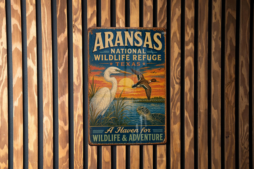A vintage metal sign for the Arkansas National Wildlife Refuge in Texas, featuring an illustration of a bird and a turtle against a sunset backdrop.