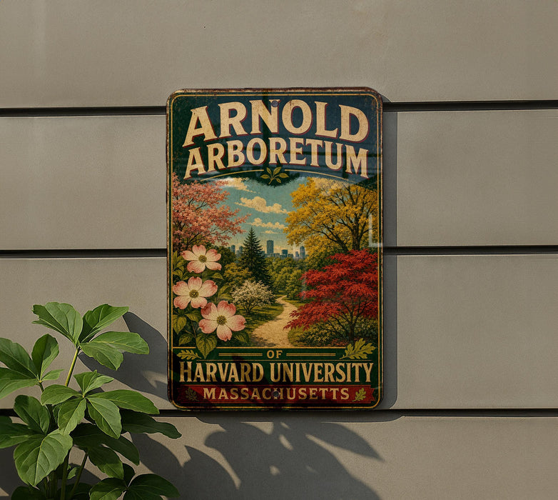 A vintage-style sign for the Arnold Arboretum, a Harvard University campus in Massachusetts, with a colorful illustration of a garden and trees.