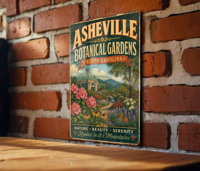 A vintage-style metal sign for the Asheville Botanical Gardens in North Carolina, featuring a lush garden scene with flowers, trees, and a building.