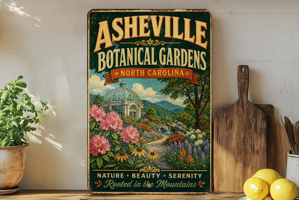 a vintage-style sign for the Asheville Botanical Gardens in North Carolina, with a lush garden scene and a greenhouse in the background.