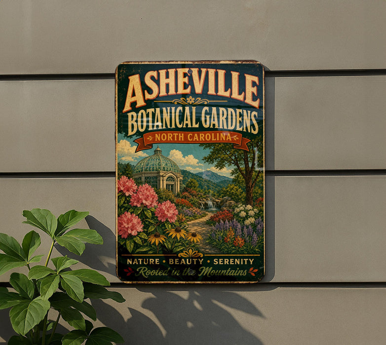 a vintage-style sign for the Asheville Botanical Gardens in North Carolina, with a lush garden scene and a building with a dome in the background.