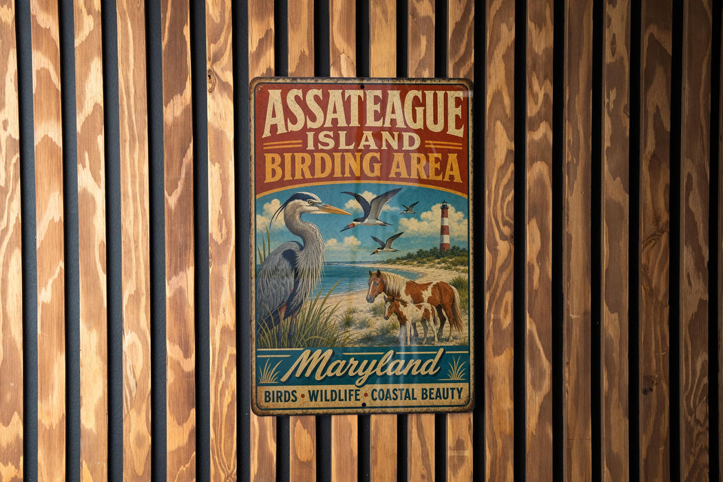 A vintage metal sign for Assateague Island Birding Area in Maryland, featuring illustrations of birds and a lighthouse, mounted on a wooden wall.