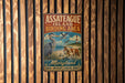 A vintage metal sign for Assateague Island Birding Area in Maryland, featuring illustrations of birds and a lighthouse, mounted on a wooden wall.