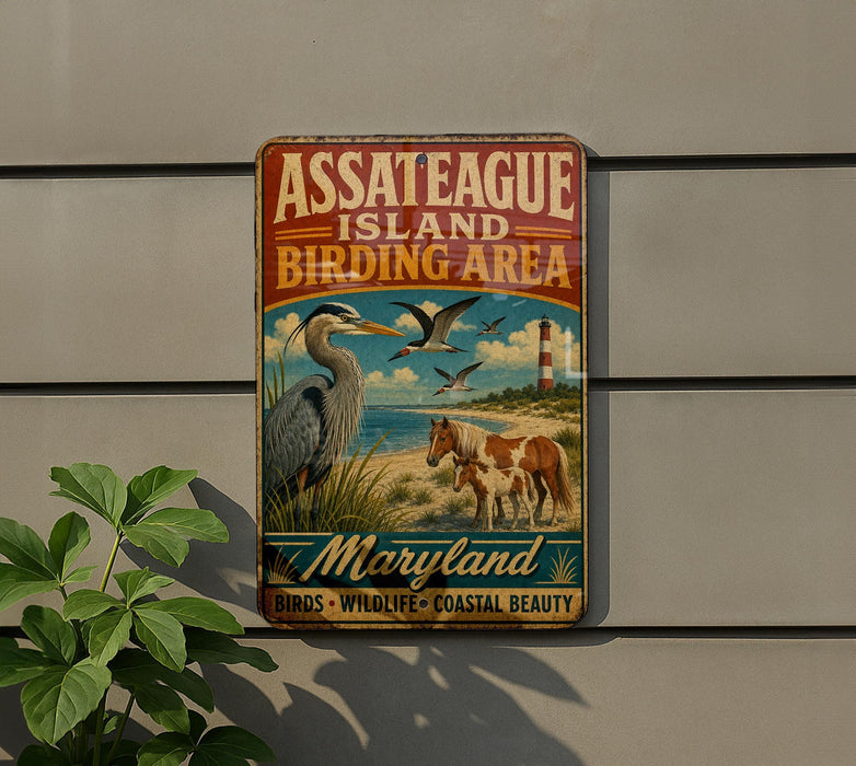 A vintage metal sign for Assateague Island Birding Area in Maryland, featuring illustrations of various birds and a lighthouse.