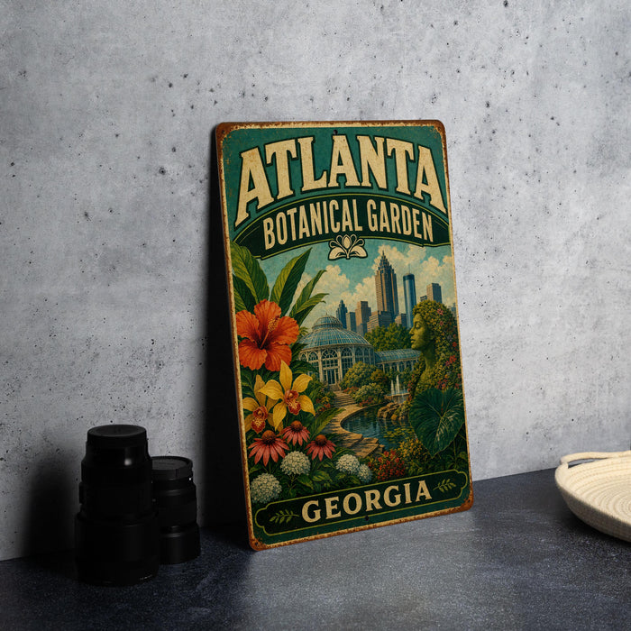 A vintage-style metal sign for the Atlanta Botanical Garden in Georgia, featuring a colorful illustration of the garden and the city skyline.