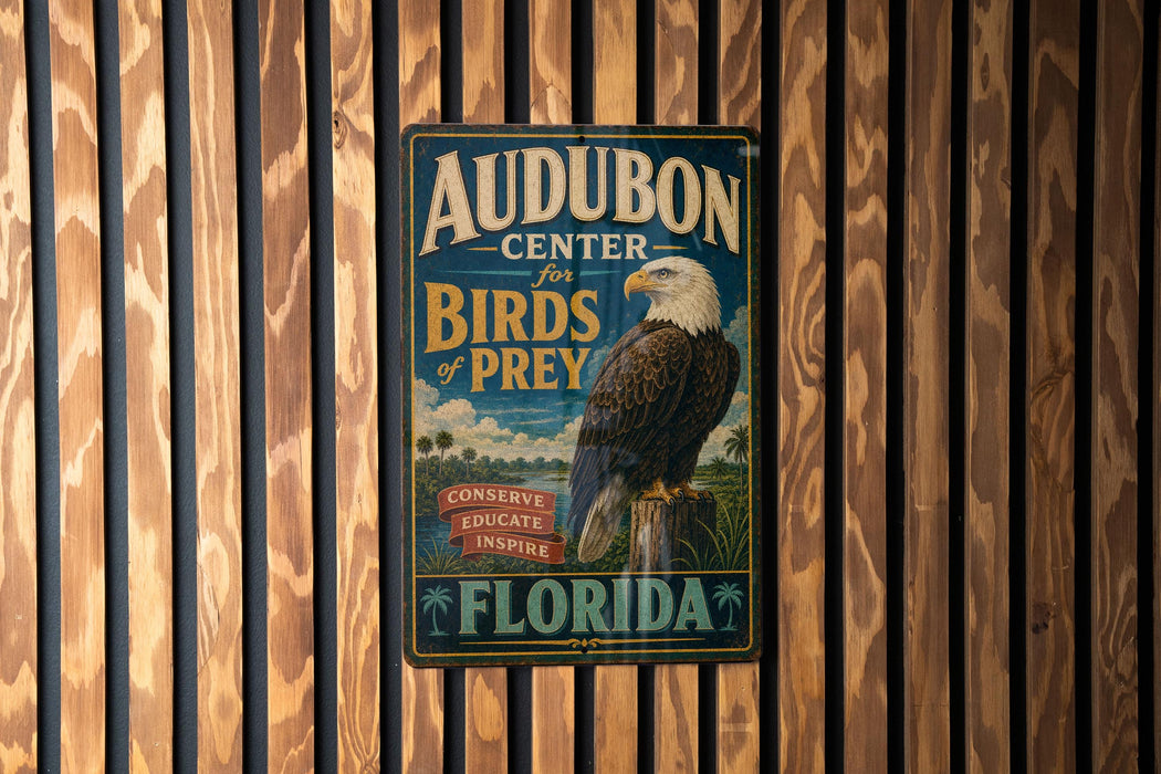 A vintage-style metal sign for Audubon Center for Birds of Prey in Florida, featuring an image of an eagle.